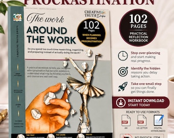 Può includere: Un quaderno di riflessione pratica di 102 pagine intitolato The Work Around The Work, con un'illustrazione di una ballerina geometrica e una mano che tiene forme geometriche. La copertina include testo sulla procrastinazione e la pianificazione.