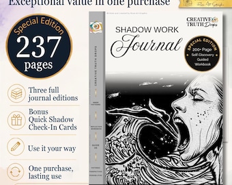 Può includere: Un diario di Shadow Work di 237 pagine, con un'illustrazione di copertina in bianco e nero di una persona con la bocca aperta vicino a un'onda. Il testo include "Special Edition", "200+ Page Self-Discovery Guided Workbook" e "Creative Truth Drops".