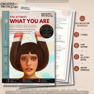 Op de afbeelding: Een 77-pagina tellend zelfreflectiewerkboek getiteld You Attract What You Are, Do You Really? De omslag bevat een digitale illustratie van een persoon met een bruin bobkapsel in de vorm van twee magneten, met tekst over 7 verbonden delen en een proces om de schuldmagneet uit te schakelen. Inclusief A4, US Letter en digitale PDF-edities.