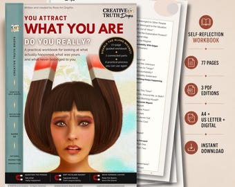 Può includere: Un quaderno di esercizi di autoriflessione di 77 pagine intitolato You Attract What You Are, Do You Really? La copertina presenta un'illustrazione digitale di una persona con un caschetto castano a forma di due magneti, con testo che descrive 7 parti collegate e un processo per disattivare il magnete della colpa. Include edizioni PDF A4, US Letter e digitali.