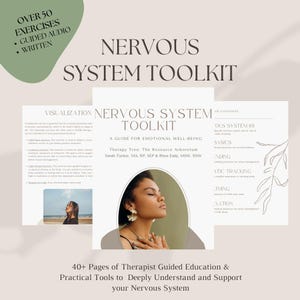 Può includere: Una guida stampabile bianca e beige intitolata "Nervous System Toolkit: A Guide for Emotional Well-Being" con il viso di una donna al centro. La guida include oltre 50 esercizi, audio guidati e contenuti scritti. Il testo "Therapy Tree: The Resource Arboretum" è incluso.