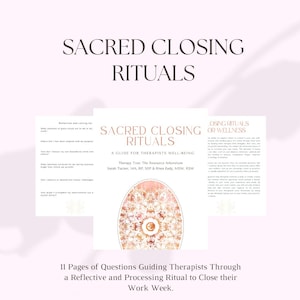 Puede incluir: Una guía para terapeutas titulada "Ritos de cierre sagrados: Una guía para el bienestar de los terapeutas" de Therapy Tree. The Resource Arboretum. La portada presenta un diseño de mandala rosa y naranja con los nombres de las autoras, Sarah Tucker y Rhea Eady.