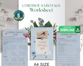 Auditoría de sabotaje de cortisol, hoja de trabajo de manejo del trauma del equilibrio de cortisol, herramienta de alivio del estrés para terapia, guía de equilibrio hormonal.