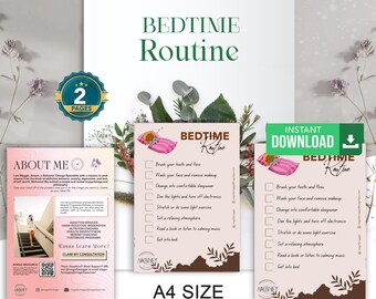 May include: A printable bedtime routine checklist with two pages. The checklist includes items like brushing teeth, washing face, changing into pajamas, dimming lights, stretching, setting a relaxing atmosphere, reading a book, and getting into bed. The checklist is designed with a pink and brown color scheme and features a cute illustration of a sleeping person.
