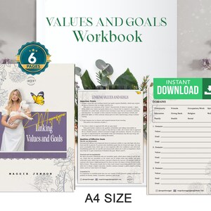 May include: A workbook titled "Values and Goals Workbook" with a cover image of a woman holding a white lamb. The workbook is 6 pages long and includes a section titled "Linking Values and Goals".