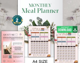 Maandelijkse maaltijdplanner, afdrukbare maaltijdplanner, voedseldagboek | Eetdagboek, maaltijdtracker en voorbereidingsplanner | A4-formaat | Direct downloaden