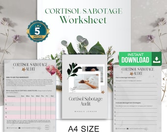 Auditoría de sabotaje de cortisol, hoja de trabajo de manejo del trauma del equilibrio de cortisol, herramienta de alivio del estrés para terapia, guía de equilibrio hormonal.