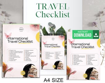 May include: A printable international travel checklist with a pink and yellow floral background. The checklist includes items such as passport, visa, tickets, copies of passport, boarding pass, driver's license, health insurance card, list of medications, travel insurance, and student card.