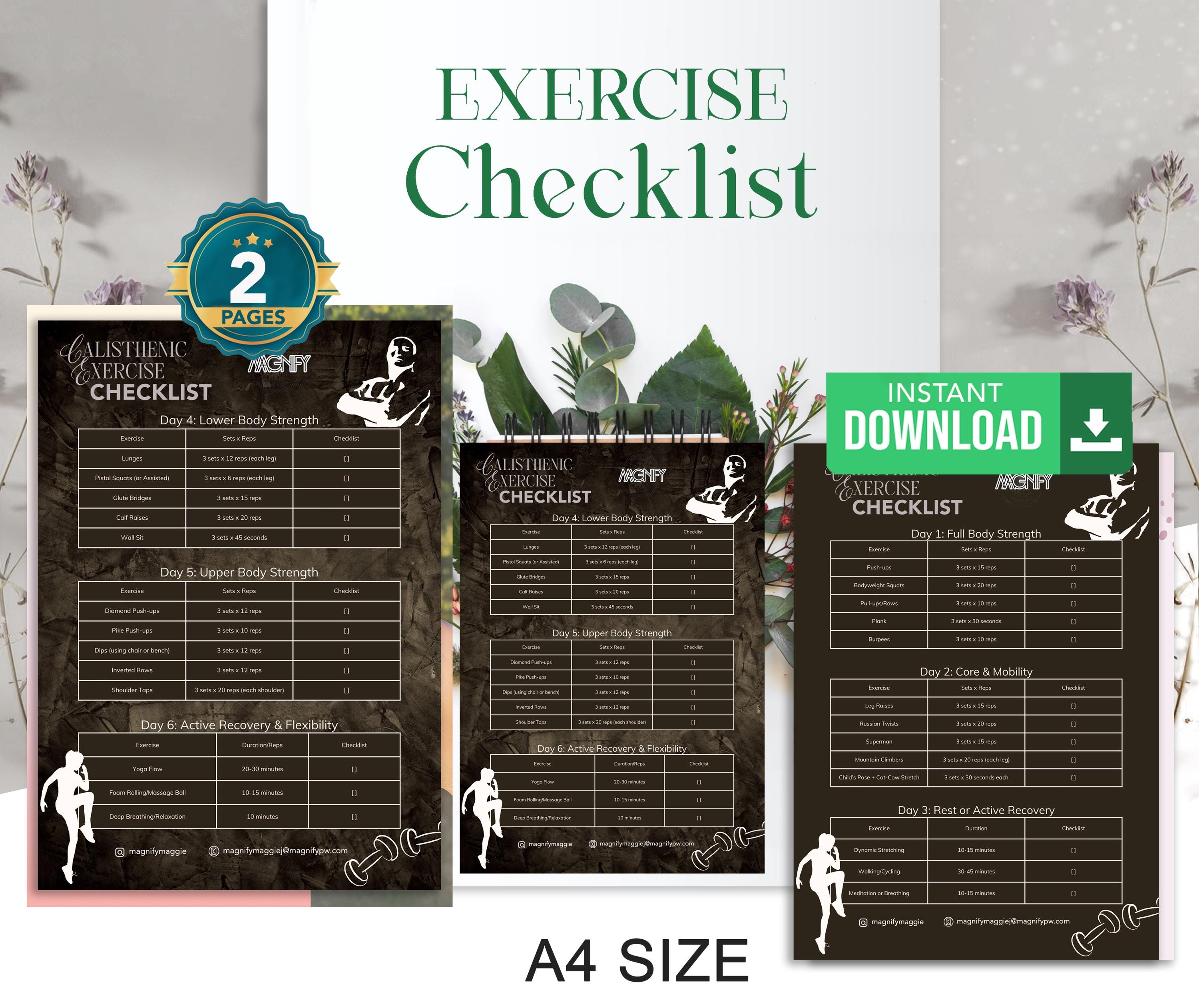 Exercise Program Tick Sheet Exercise Checklist, Workout Checklist, Printable Workout Tracker ...