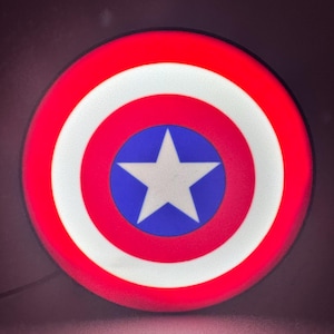May include: A round shield with a red, white, and blue design. The outer ring is red, followed by a white ring, a blue circle in the center, and a white star. The shield is a popular superhero emblem.