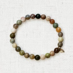 Alashan Agate Bracelet with Golden Leaf Charm – 6mm Natural Gemstone Jewelry for Grounding, Balance, and Stress Relief
