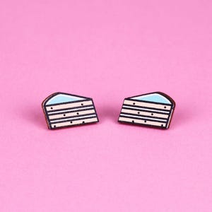 Cute Blue Cake Stud Earrings - Handmade Wood Miniature Jewelry, Sweet Fun Colorful kawaii, Playful funny Tiny Food Earrings, Gifts for Her