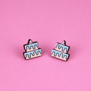 Cute Blue Cake Stud Earrings - Handmade Wood Miniature Jewelry, Sweet Fun Colorful kawaii, Playful quirky Tiny Food Earrings, Gifts for Her