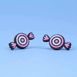 Cute Candy Stud Earrings Wood Miniature Playful Tiny Food Fun Colorful Studs Earrings Playful Tiny Food quirky whimsical funny Stud Earrings