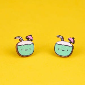Smiling Coconut Stud Earrings, Wooden Colorful Miniature Cute Tropical Mini Cocktail Fun playful funny funky quirky weird whimsical earrings