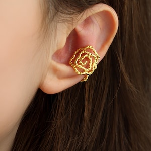 Dainty Rose Ear Cuff: Gold or Silver Floral Pattern Wrap, No Piercing, Bridal Jewelry