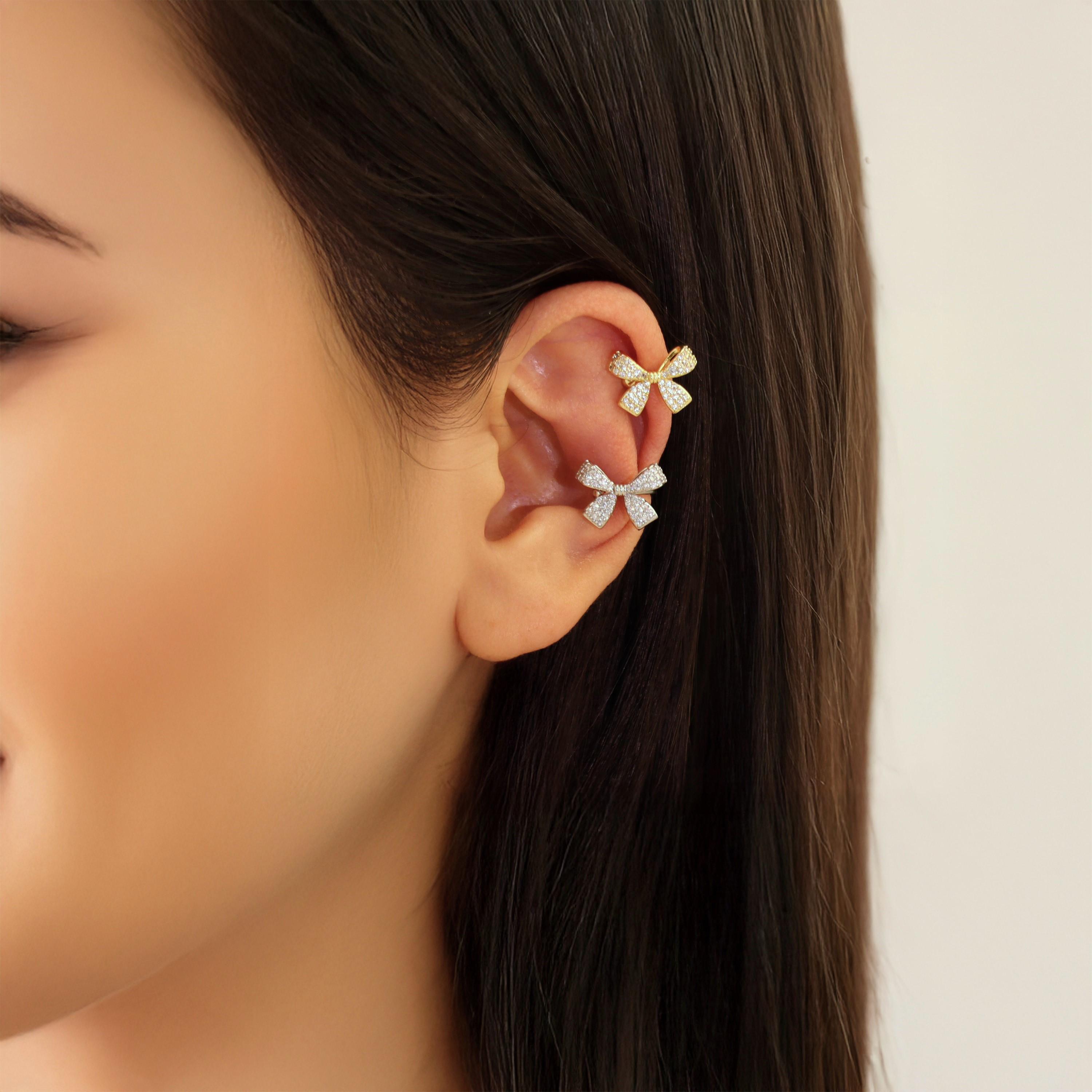 Bow Ear Cuff Earrings - Sparkly Gold & Silver No Piercing, Dainty Minimalist Clip On, Y2K