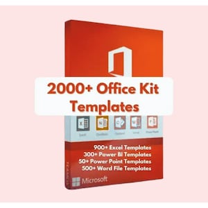 Peut inclure: Une boîte rouge avec le logo de Microsoft Office et le texte "2000+ Office Kit Templates". La boîte indique le nombre de modèles inclus pour Excel, Power BI, PowerPoint et Word.