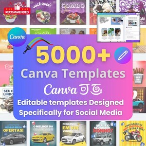 Puede incluir: Un collage de imágenes coloridas que promocionan más de 5.000 plantillas de Canva diseñadas específicamente para las redes sociales. El texto "Canva Templates" se muestra en letras grandes y negritas con un icono de lápiz.