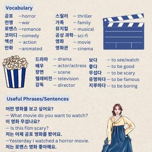 May include: A colorful illustration of popcorn in a blue bucket, a clapperboard, and a woman wearing a traditional Korean dress. The text "MOVIES" is written in Korean and English. The text "Vocabulary" and "Useful Phrases/Sentences" is written in English. The text below the vocabulary and phrases is written in Korean and English.
