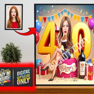 Personalized 40th Birthday Caricature, Custom Digital Portrait, Funny 40 Years Gift for Him & Her, Unique Milestone Birthday Art