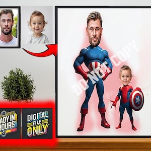 Benutzerdefinierte Super Dad und Sohn Cartoon Portrait, Super Dad Portrait, Papas Geschenk, Super Dad Karikatur, Superhelden-Karikatur, Karikatur vom Foto