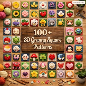 Puede incluir: Una colección de más de 100 patrones de cuadrados granny de ganchillo en 3D con varios diseños coloridos como flores, animales, frutas y corazones alrededor de un letrero de madera con el texto 100+ 3D Granny Square Patterns.
