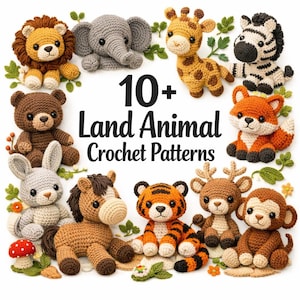 Op de afbeelding: Een verzameling gehaakte patronen van landdieren, waaronder een leeuw, olifant, giraffe, zebra, beer, vos, konijn, paard, tijger, hert en aap. De tekst "10+ Land Animal Crochet Patterns" is zichtbaar.
