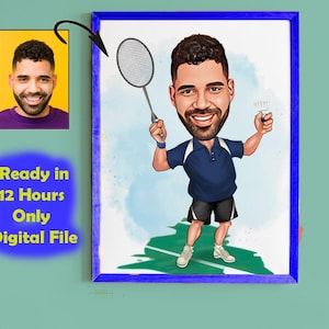 Custom Badminton Player Cartoon Portrait, Badminton Caricature, Gift for Badminton Player, Badminton Cartoon, Custom Caricature from Photo
