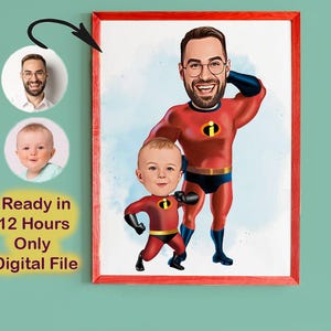 Benutzerdefinierte Super Dad und Sohn Cartoon Portrait, Super Dad Portrait, Papas Geschenk, Super Dad Karikatur, Superhelden-Karikatur, Karikatur vom Foto