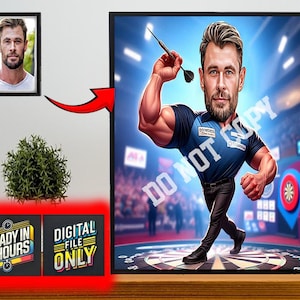 Gepersonaliseerde darter cartoonportret, karikatuur tekening aangepaste darts, grappige karikatuur, cadeau voor vriend, drinker, pub, bier, darts