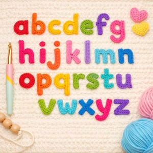 May include: A set of lowercase alphabet letters crocheted in various colors including red, orange, yellow, green, blue, purple, and pink. Two small crocheted hearts, a metal crochet hook with a pastel handle, and yarn balls are also present.