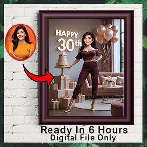 30th Birthday Girl Caricature – Custom Cartoon Portrait with Fun Background and Outfit – Unique Gift for Her Birthday Celebration, Digital