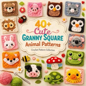 Può includere: Una collezione di modelli di animali a uncinetto a forma di quadrato della nonna colorati. L'immagine presenta una varietà di animali, tra cui un orso, un maiale, un gufo, un gatto, un pinguino, un koala, un coniglio, una volpe, un'ape, una mucca, una tartaruga e un pulcino. Il testo recita "40+ Cute Granny Square Animal Patterns".