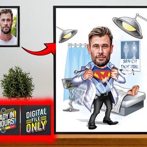 Personalized Super Doctor Cartoon Portrait, Custom Doctor Caricature, Doctor Gift, Funny Doctor Cartoon Portrait, Doctor Caricature Photo