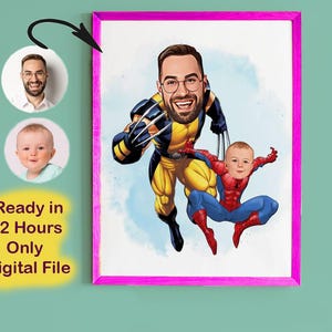 Benutzerdefinierte Super Dad und Sohn Cartoon Portrait, Super Dad Portrait, Papas Geschenk, Super Dad Karikatur, Superhelden-Karikatur, Karikatur vom Foto