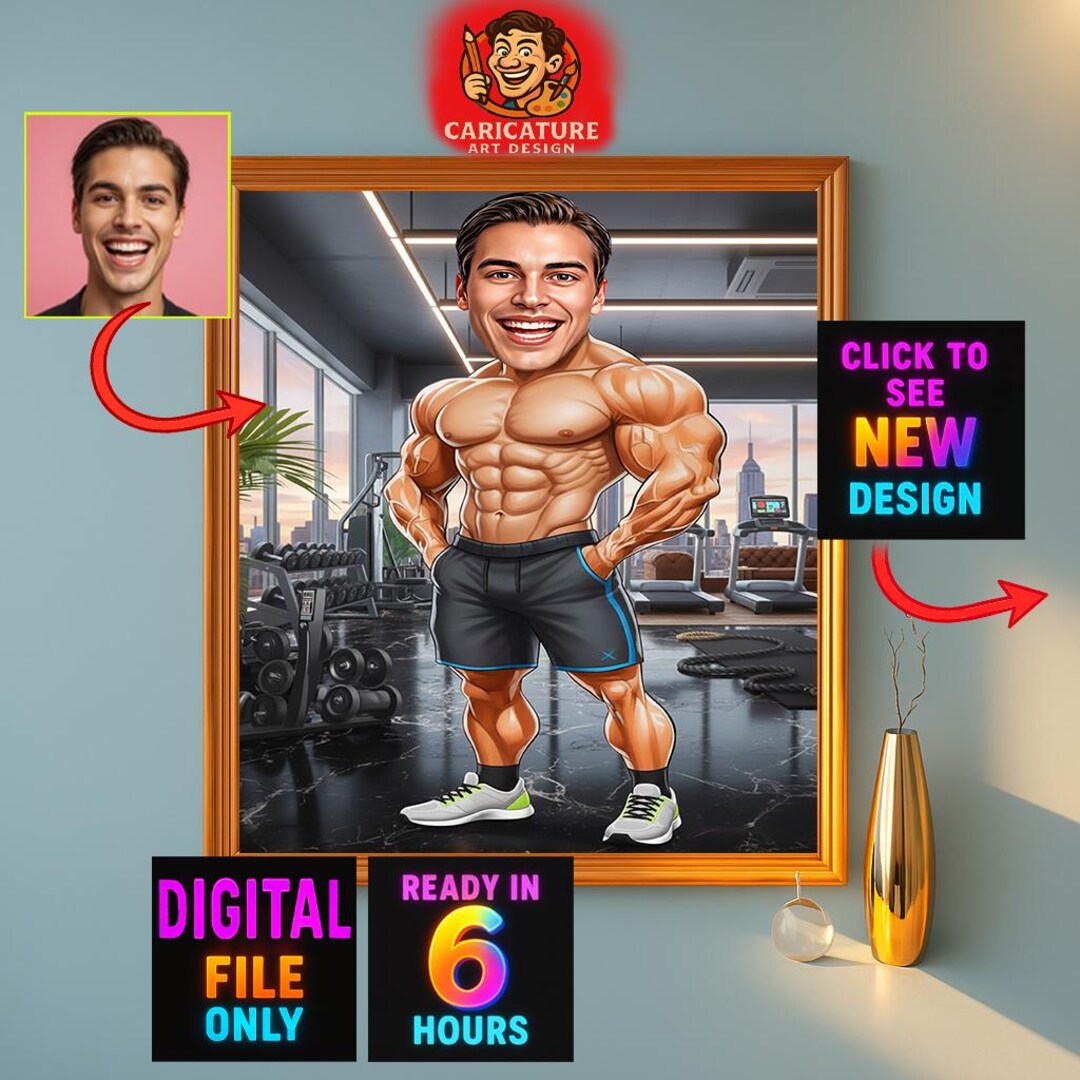 Custom Gym Cartoon Portrait | Personalized Fitness Trainer Caricature ...