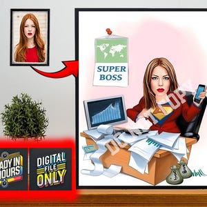 Personalisiertes weibliches Superboss-Karikaturporträt, kundenspezifische weibliche Chefkarikatur-Zeichnung vom Foto, lustige Chefkarikatur, Geschenk für Chef