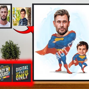 Personalisiertes Super Dad und Sohn Cartoon Portrait, benutzerdefinierte Super Dad und Sohn Karikatur Zeichnung vom Foto, lustige Dad Karikatur, Geschenk für Dad