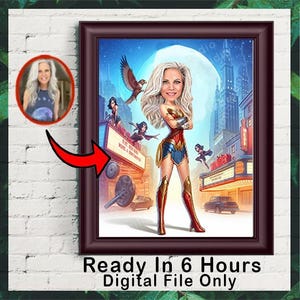Portrait personnalisé de dessin animé de super femme, portrait de femme, cadeau femme, caricature de super femme, dessin caricature de super-héros, caricature à partir d'une photo