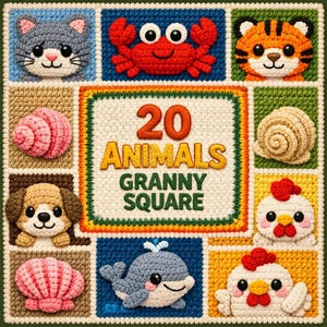 Op de afbeelding: Een kleurrijk gehaakt vierkant met verschillende dierenontwerpen, waaronder een kat, krab, tijger, slak, hond, walvis en kippen. Het centrale paneel leest "20 ANIMALS GRANNY SQUARE" in oranje en geel. Het vierkant is omrand in groen en wit.