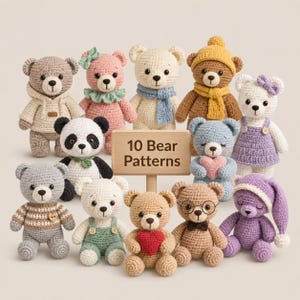 Bundel met 10 haakpatronen voor amigurumi-beren (PDF), schattige teddybeerknuffelcollectie, direct te downloaden.