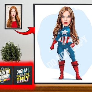 Personalisiertes Superhelden-Frauenkarikaturporträt, benutzerdefiniertes Frauenporträt, Frauengeschenk, Superfrau-Karikatur, Superheld-Karikaturzeichnung