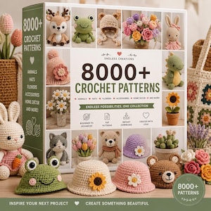 Op de afbeelding: Een productdoos met de titel 8000+ Crochet Patterns met afbeeldingen van diverse gehaakte items, waaronder dieren, hoeden en bloemen. De doos toont teksten zoals Endless Creations, Beginner to Advanced, PDF Patterns en Instant Download.