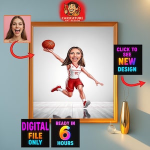 May include: A framed caricature of a woman in a basketball uniform, holding a basketball. The image includes the text "DIGITAL FILE ONLY" and "READY IN 6 HOURS". The frame is gold, and the background is a light gray.