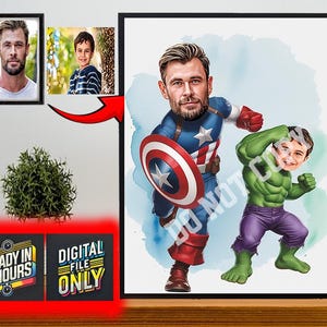 Custom Super Dad and Son Cartoon Portrait, Super Dad Portrait, Dad's Gift, Super Dad Caricature, Superhero Caricature, Caricature from Photo