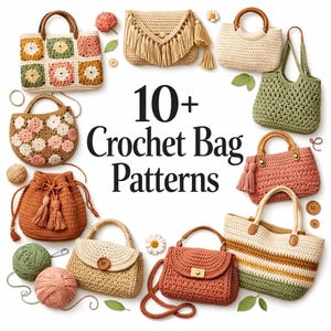 Puede incluir: Una colección de patrones de bolsos de ganchillo. La imagen muestra varios estilos de bolsos, como bolsos de mano y clutchs, en colores como beige, melocotón y verde. Algunos bolsos tienen asas de madera y flecos.