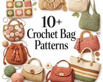 Paquete de más de 10 patrones de bolsos de ganchillo en formato PDF, tutoriales para hacer bolsos tipo tote (descarga digital).