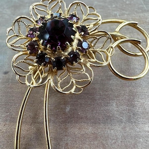 Vintage Amethyst Rhinestone Brooch | Bold 1950s Filigree Flower Pin with Loops & Stems | Gold Tone Mid Century Statement Jewelry