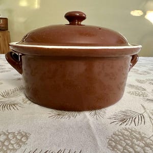 May include: A brown ceramic casserole dish with a white rim and lid. The dish has two handles on the sides.